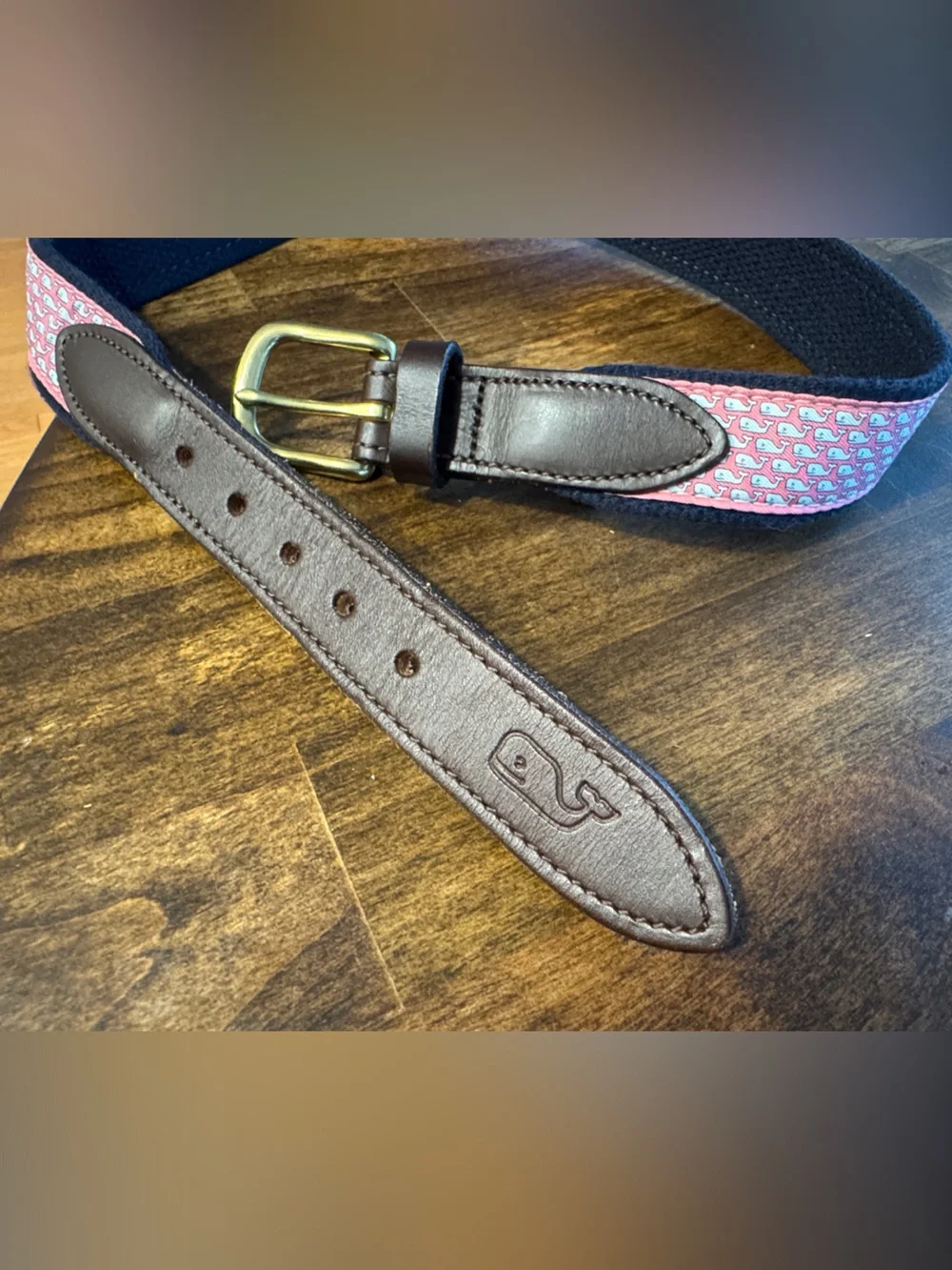 Vineyard Vines Pink Whale Print Canvas & Leather Kids Belt Size 26
